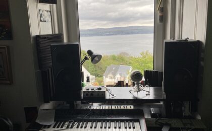 View from the desk of author's home studio